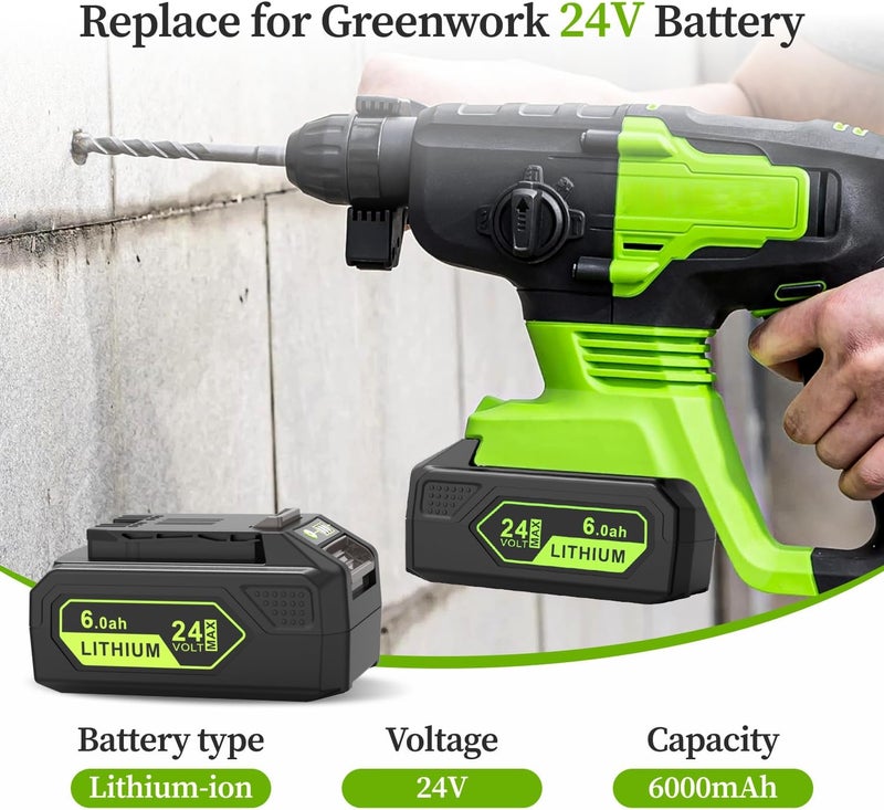 Zpubnor عبوة 2 بطارية بديلة 24 فولت لجهاز Greenworks 24V 6.0A، 29842 29852 29322 BAG709 BAG710 20352 22232 2508302 متوافقة مع أدوات Greenworks 24V اللاسلكية - Image 2